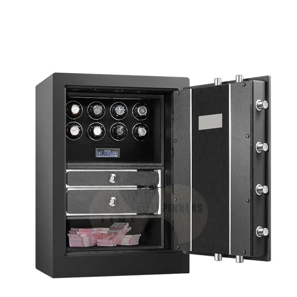 Luxury Titan watch winder safe from Time Spinners, featuring a sleek black finish and multiple watch capacity, ideal for securely winding and protecting high-end timepieces.