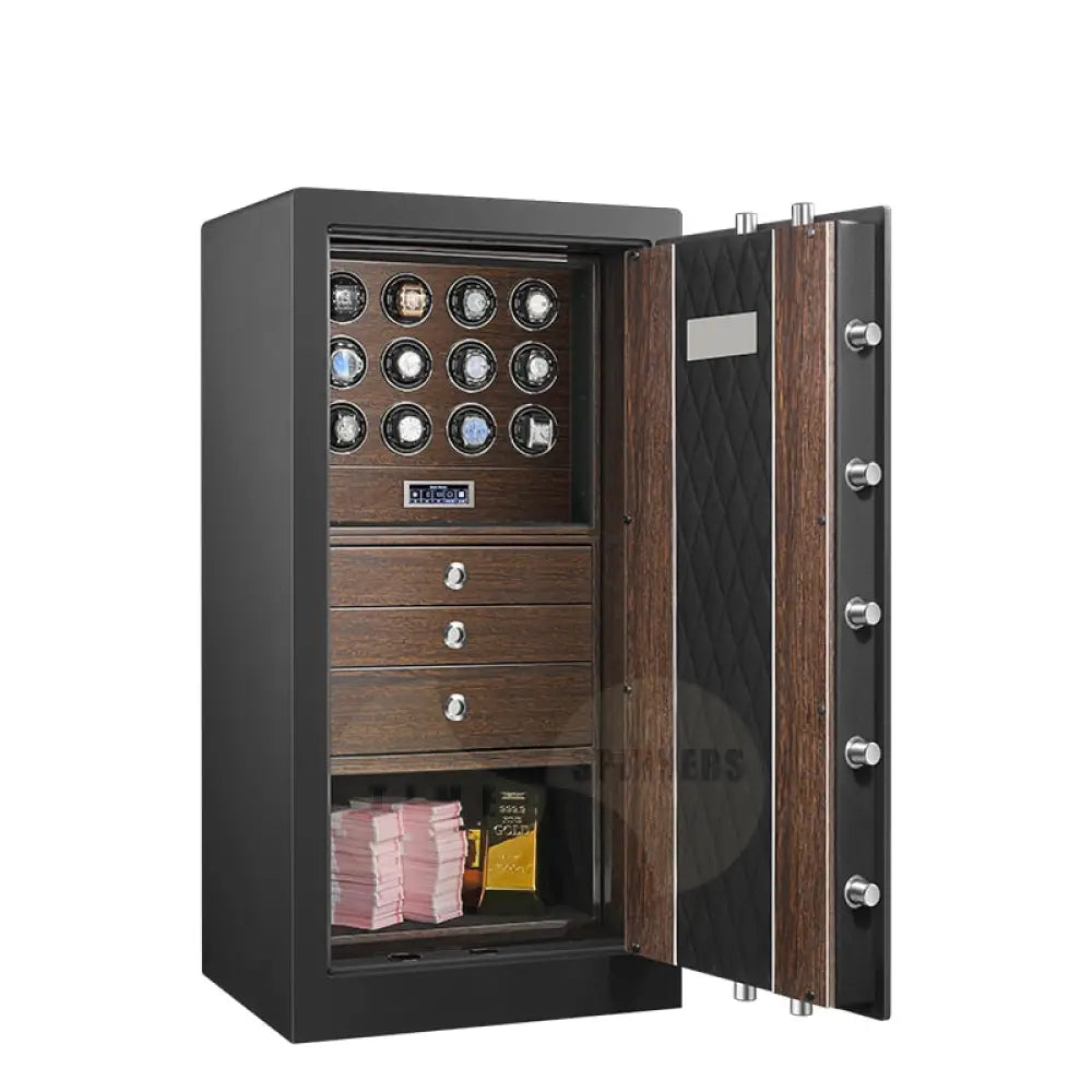 Luxury Titan watch winder safe from Time Spinners, featuring a sleek black finish and multiple watch capacity, ideal for securely winding and protecting high-end timepieces.